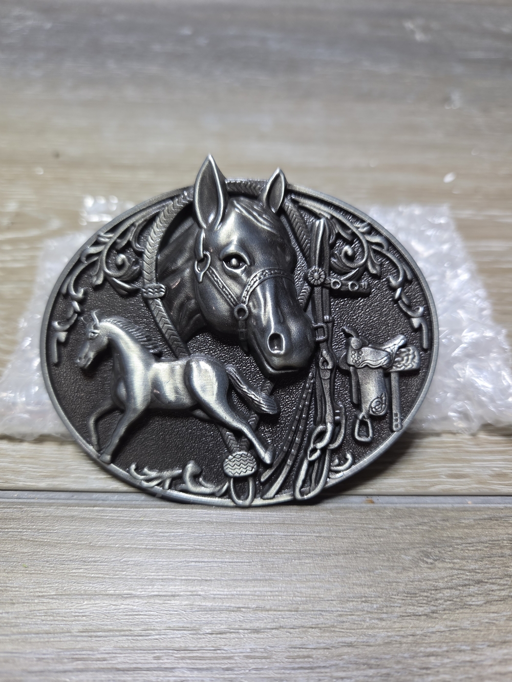 Western Horse Head & Saddle Oval Belt Buckle Antiqued Silver Tone